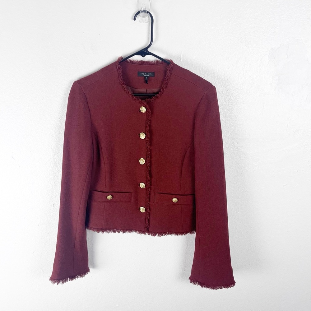 RAG & BONE Carmen 100% Virgin Wool Fray Hem Trim Lined Buttoned Blazer Size 2